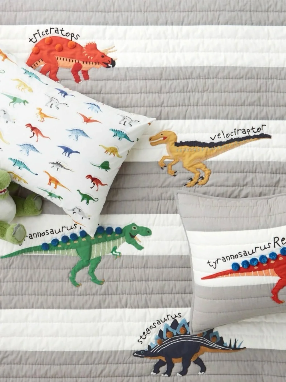 Kids Dinosaur Quilt Set - Gray & White